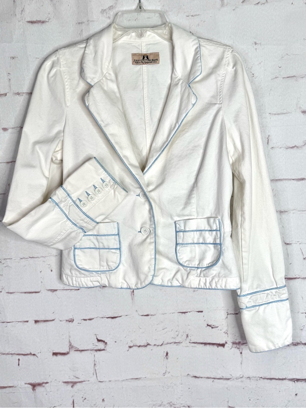 Y2K VINTAGE JUICY COUTURE JEANS White Twill Blue Piping Blazer Jacket Size XL - Picture 2 of 15